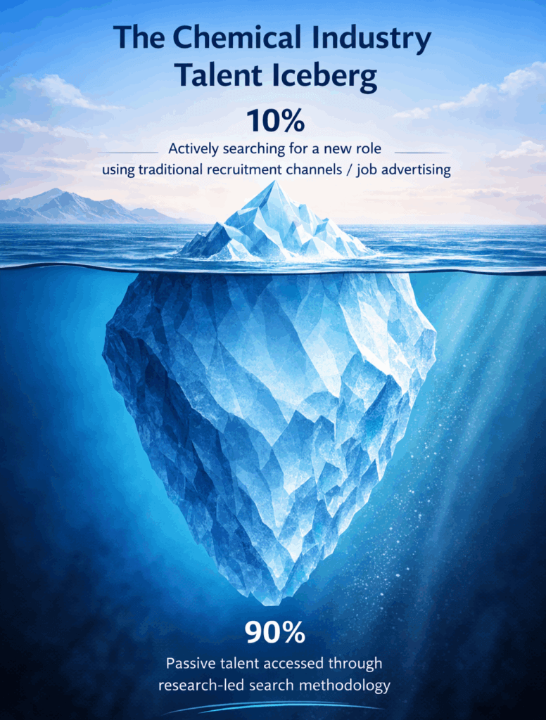 Clients Chemical industry talent iceberg illustrating active candidates above water and passive talent identified through search
